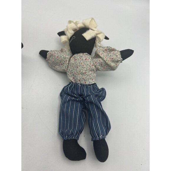 2 Folk Art Primitive Handmade Black Sheep Boy Girl Dress Pantaloons 8" Soft Toy - Picture 5 of 8